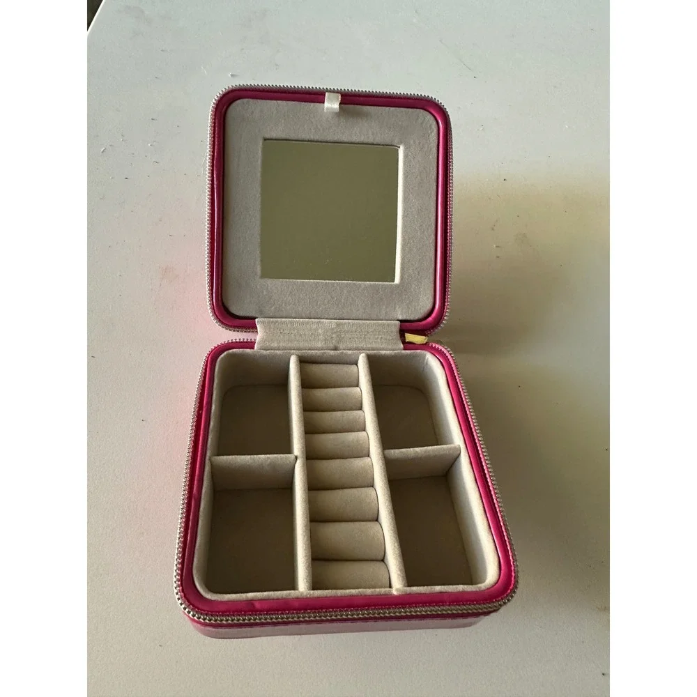 Pink Faux patent Leather Jewelry Box Travel Organizer Mirror Zippered‎ Case